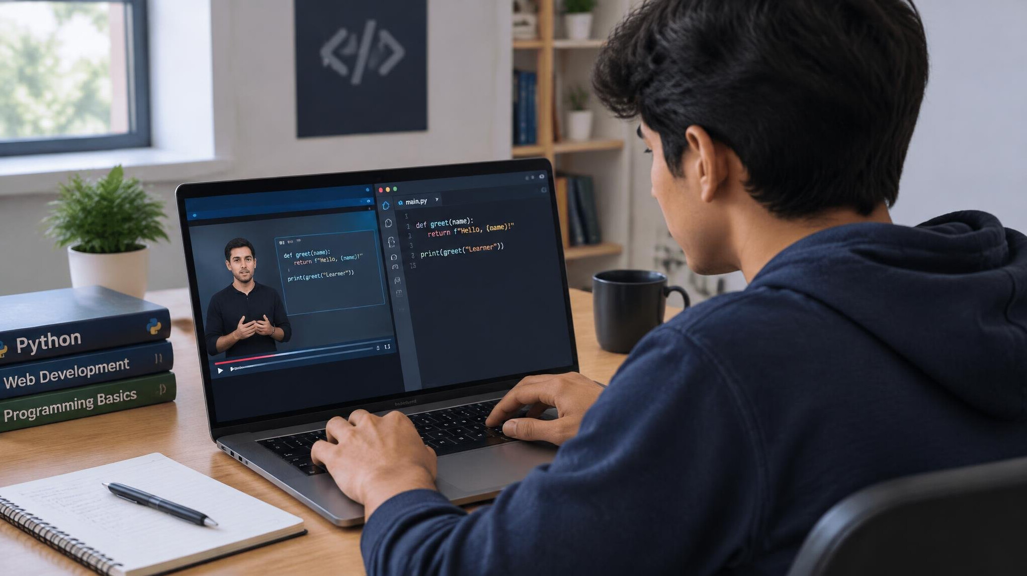 young man learning coding on laptop