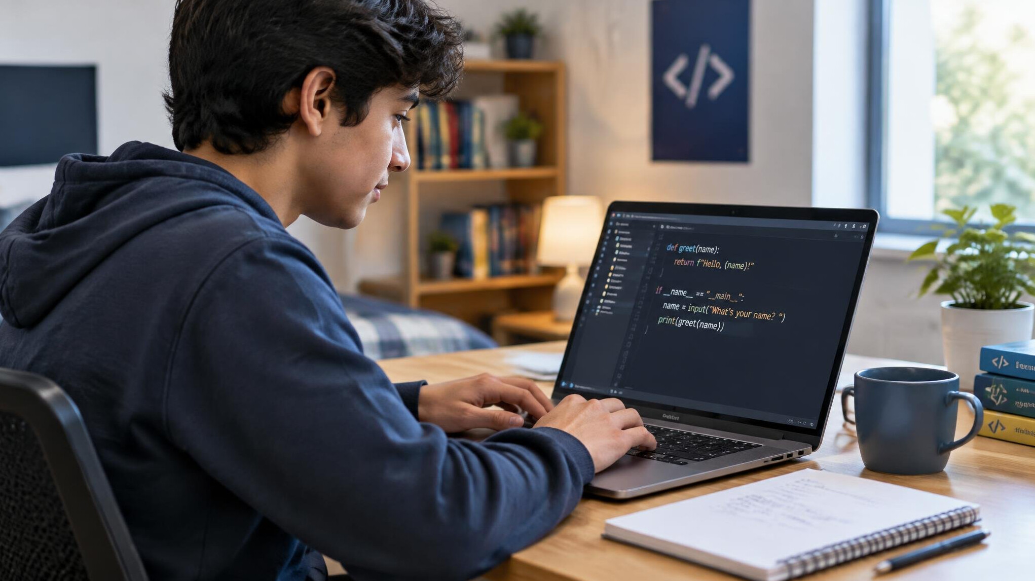 young person coding on laptop