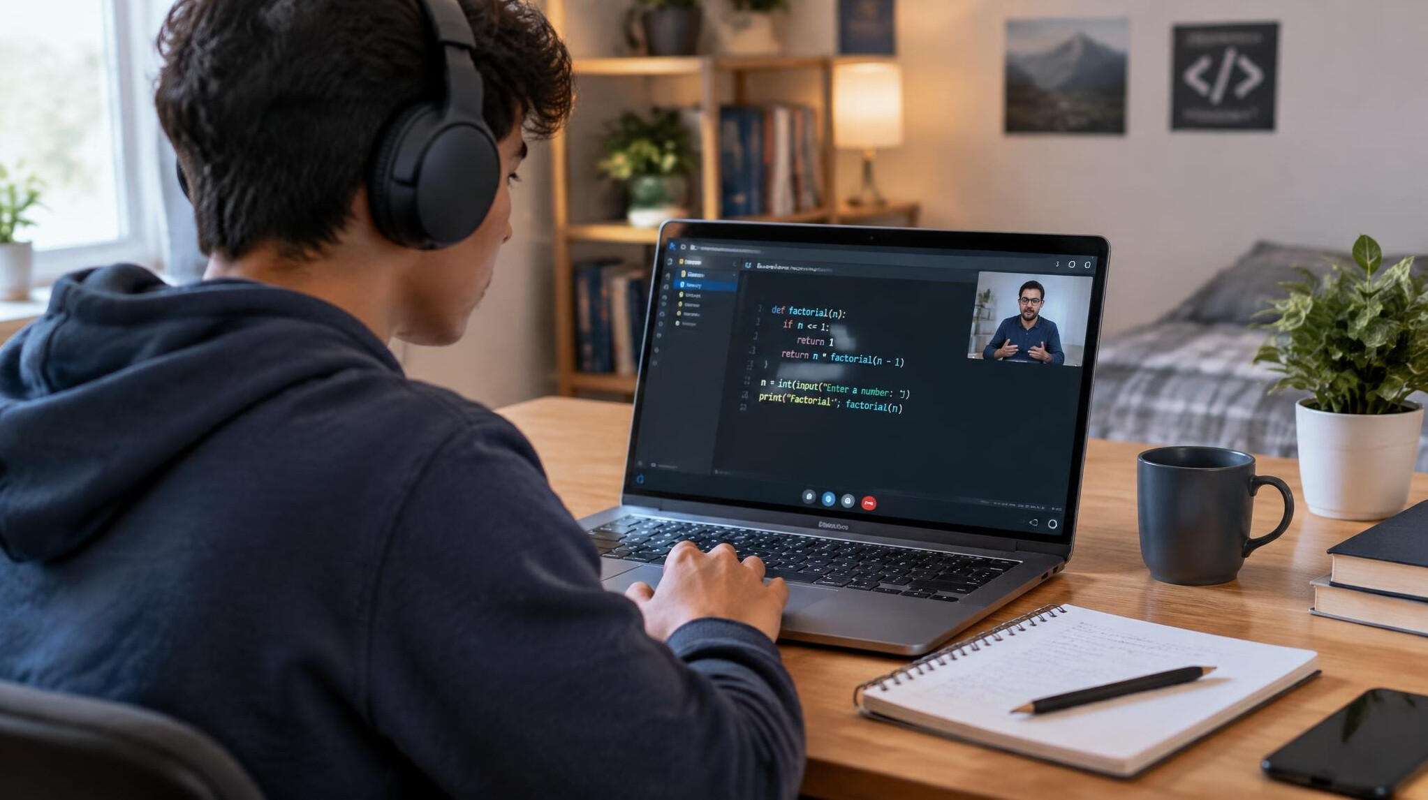 person studying online at home