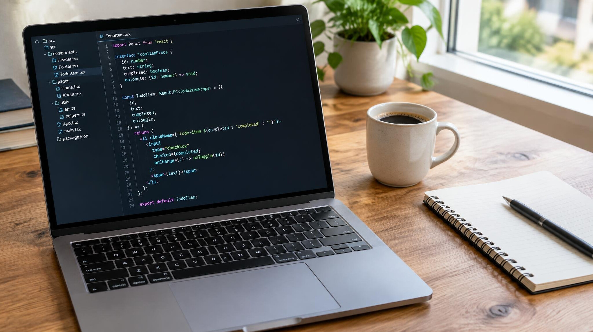 Laptop with code on screen on a wooden desk