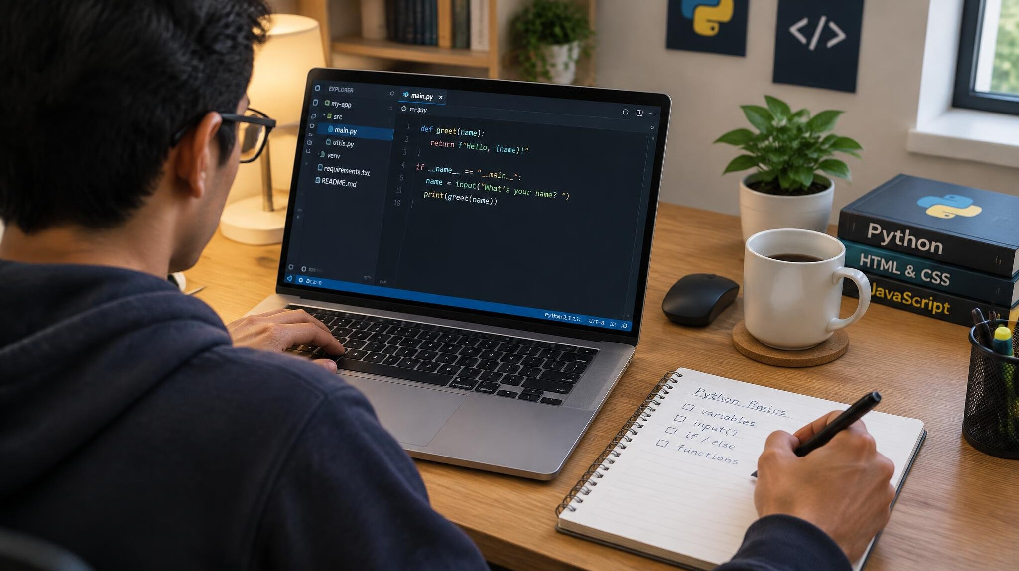 coding setup with laptop and notebook