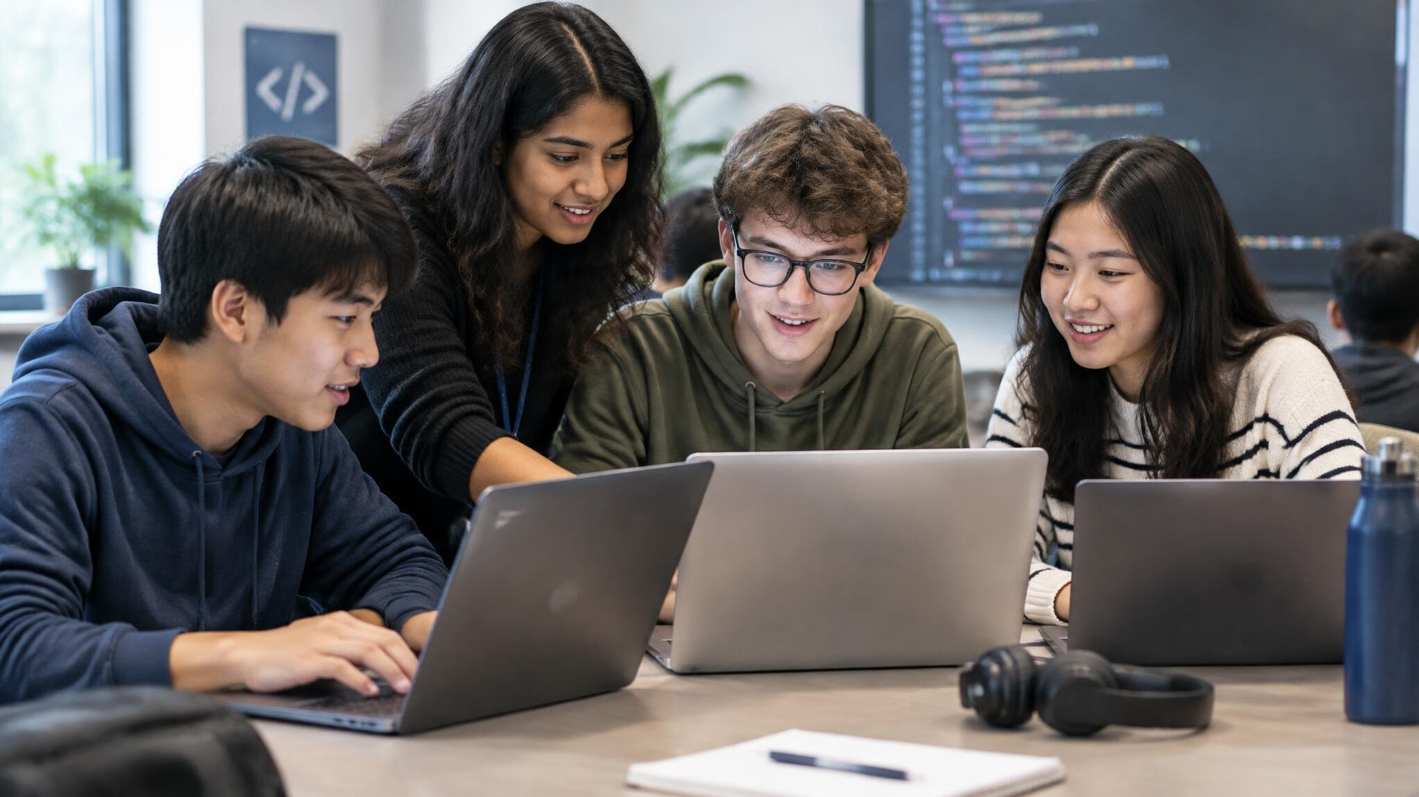 students coding together