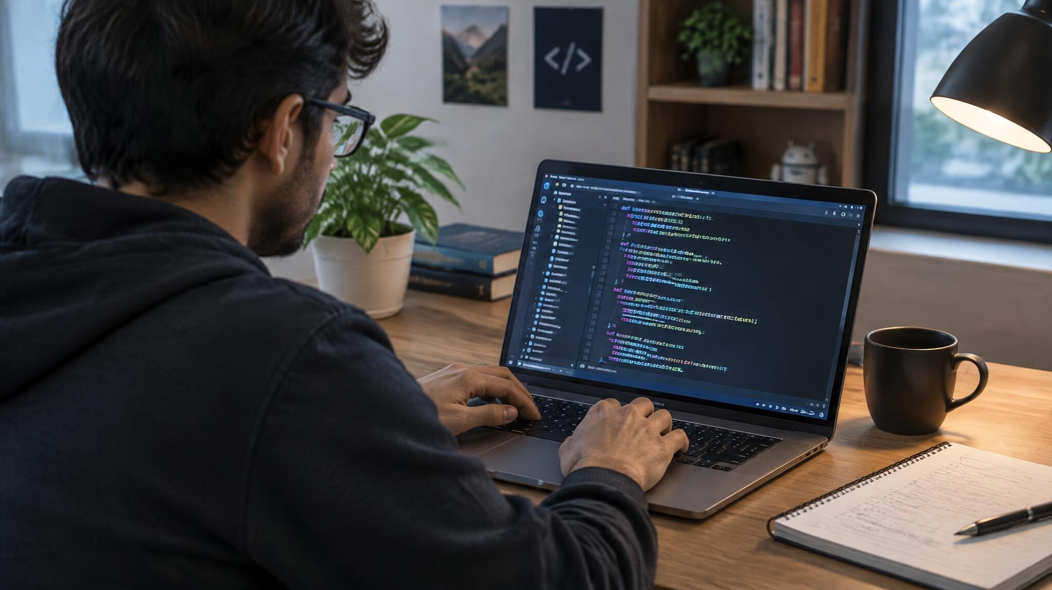 person coding on laptop